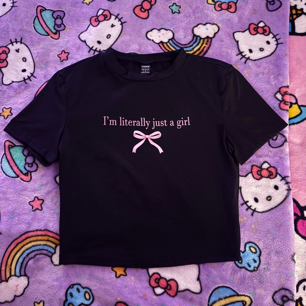 SHEIN Black Crop Top with Pink Bow Design
